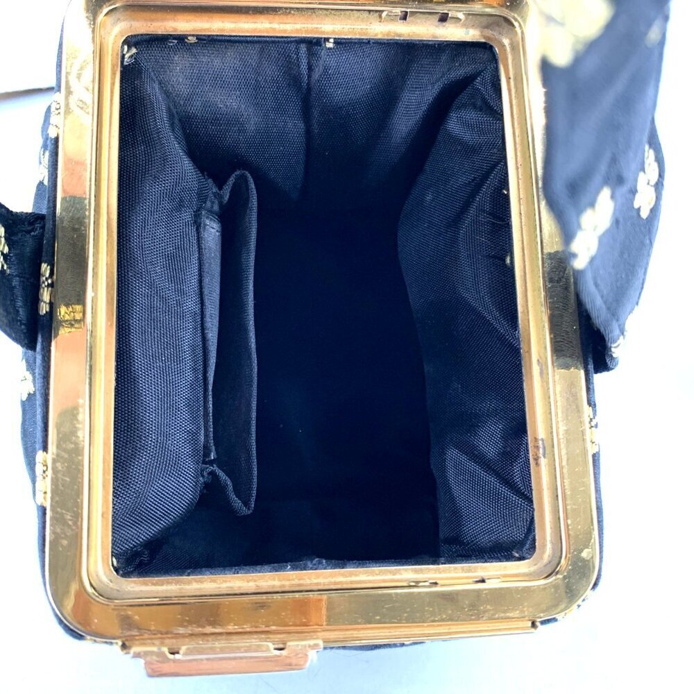 LIN BREN Purse Handbag Black & Gold Satin Brocade Box Mirror 5" Tall - Picture 10 of 10